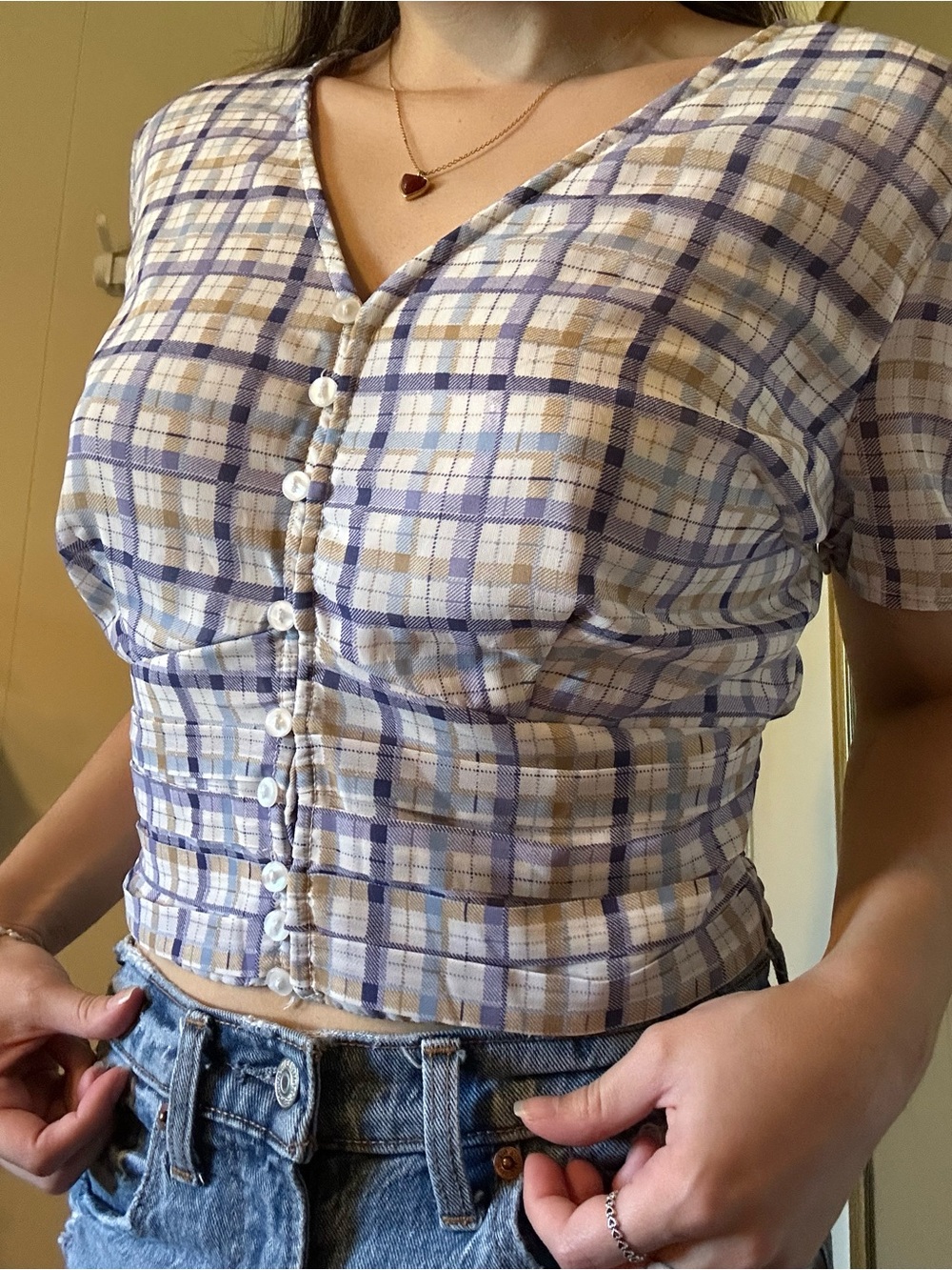 Plaid Cropped Button-Front Blouse in Blue & Tan